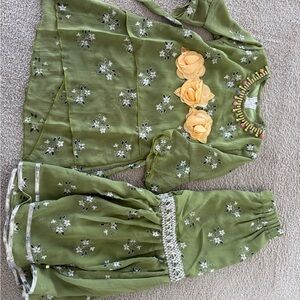 Olive Green Floral Two-Piece Set with Yellow Flower Accents